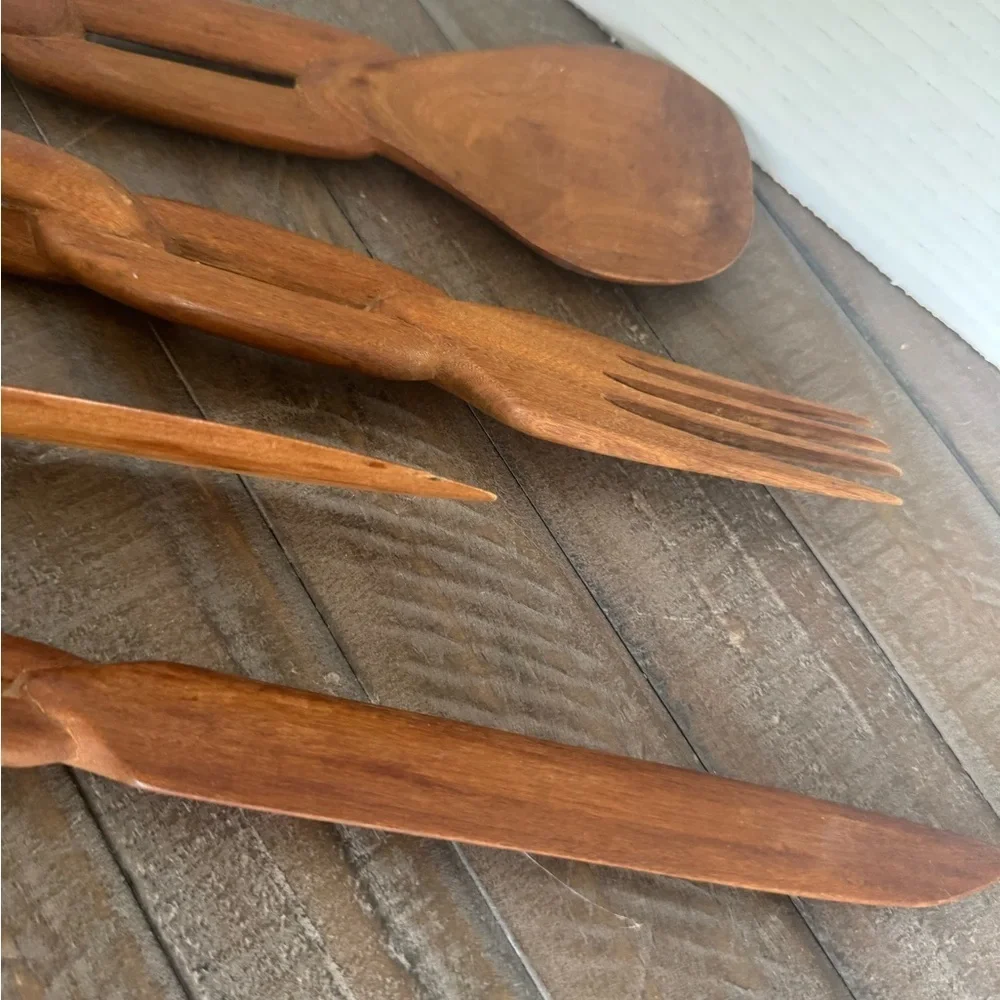 Vintage tribal wooden hand Carved serving set